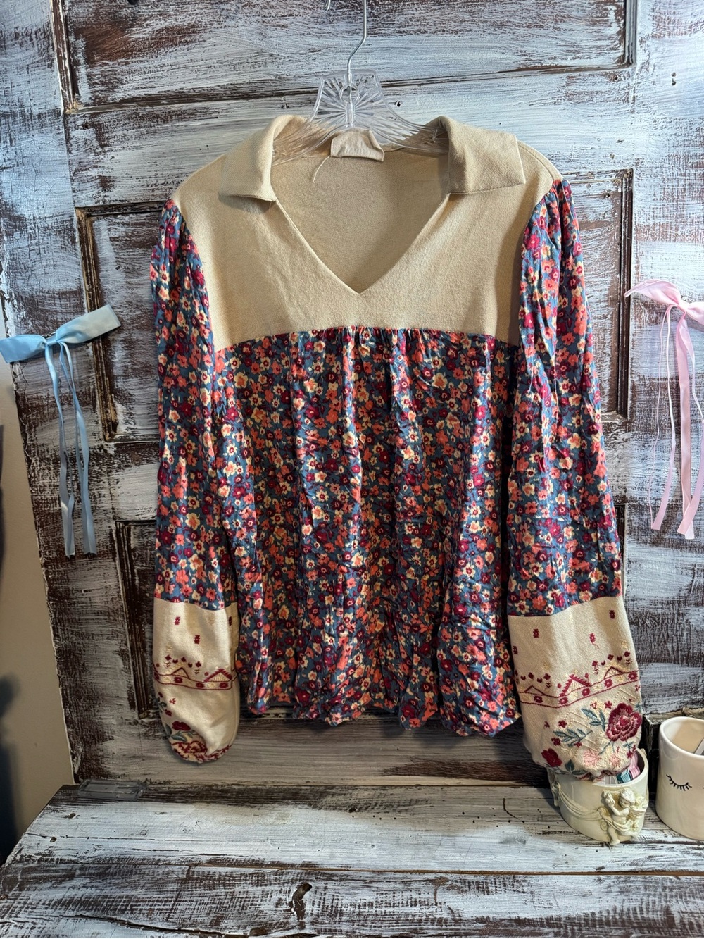 Savanna Jane Cream Yoke Floral Patchwork Top - Navy Multicolor